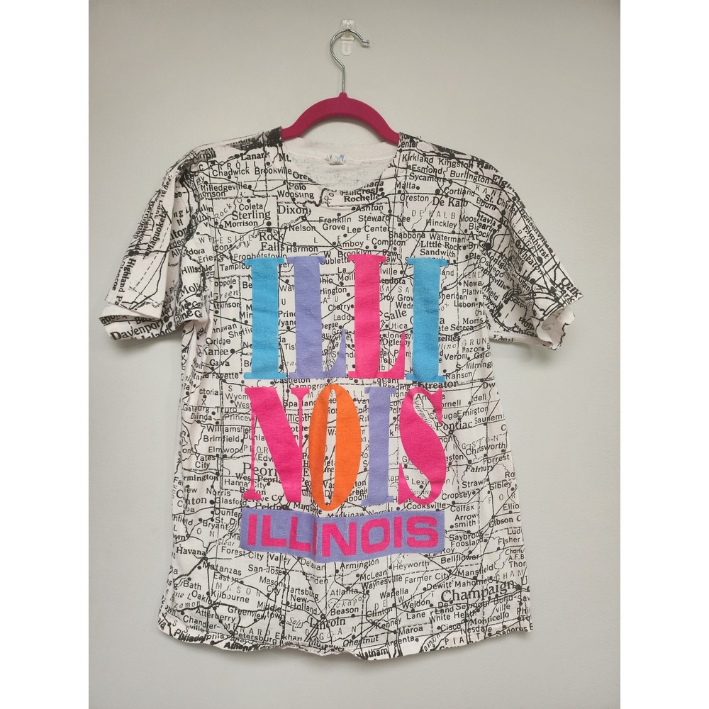 Vintage Sun Sportswear Illinois‎ All Over Print Map T-Shirt Mens White Neon 90s